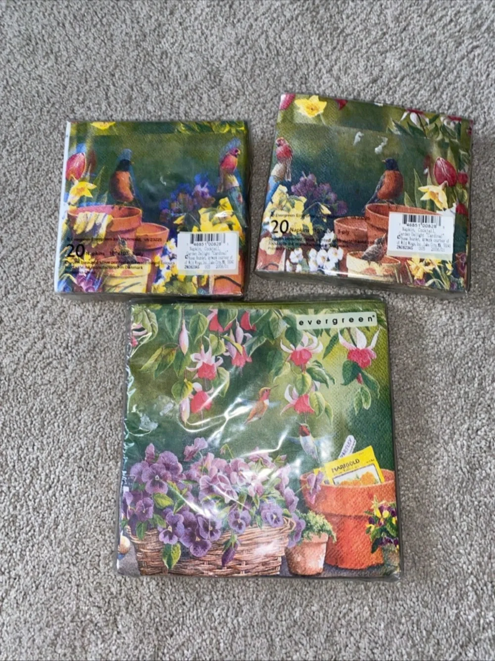 VTG Evergreen Gardening Birds Cocktail & Luncheon Napkins Set New Deadstock‎